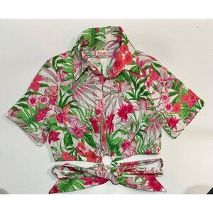 Petalo Y2K Tropical Tie Around Waist Cropped Button Shirt Womens L Pink Green